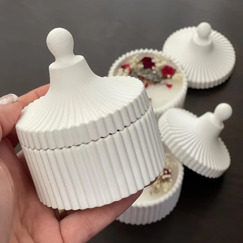 Candle Making Jars With Lids - 2026年最新モデル 2個入り シリコンキャンドルジャー型 蓋付き 丸型ストライプ ジュエリーボックス収納用