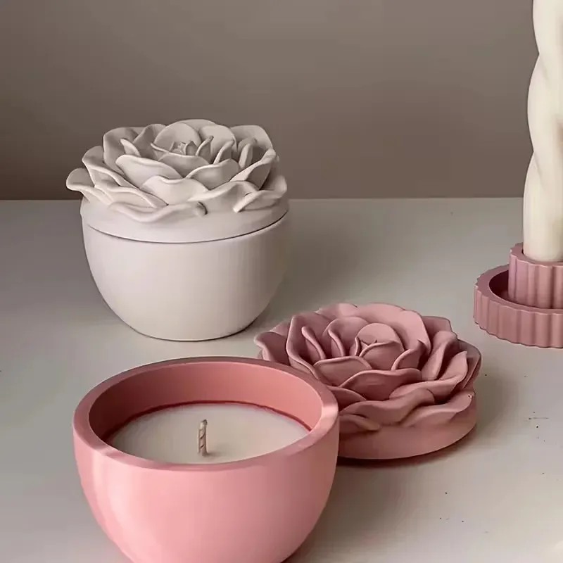 Candle Making Jars With Lids - 高品質3Dローズフラワーキャンドルジャー用シリコンモールド（蓋付き）、牡丹ジュエリー収納ボックス、クラフト製作、石膏・レジン鋳造用モールド