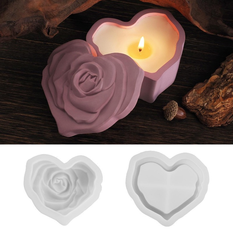Candle Making Jars With Lids - ハート型ローズシリコンモールド蓋付き 3D 彫刻キャンドルジャー型樹脂コンクリートセメント石膏 DIY クラフト作成用