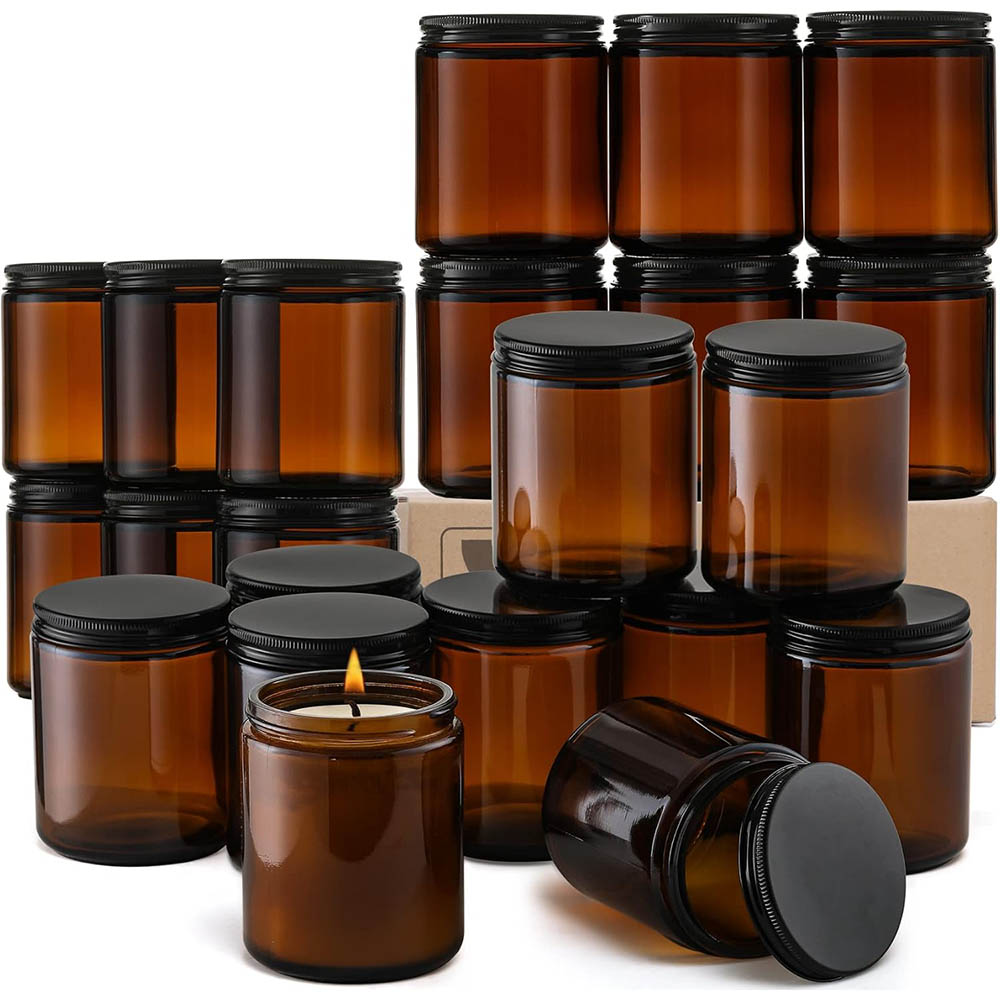 Candle Making Jars With Lids - 8オンスの琥珀色ガラス瓶（黒蓋付き）- キャンドル作り、食品保存、缶詰、スパイス、液体用