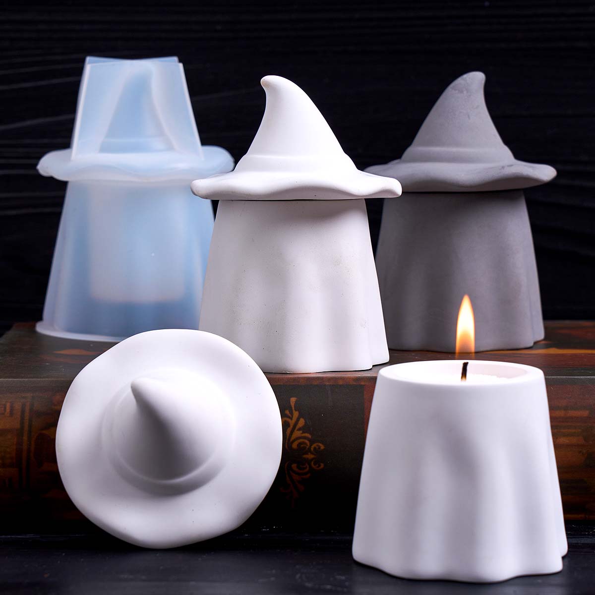 Candle Making Jars With Lids - ゴーストウィザードキャンドルジャーシリコンモールドDIY、蓋付き石膏収納ボックス鋳造型、エポキシ樹脂クラフト製作、ホームハロウィンデコレーション用