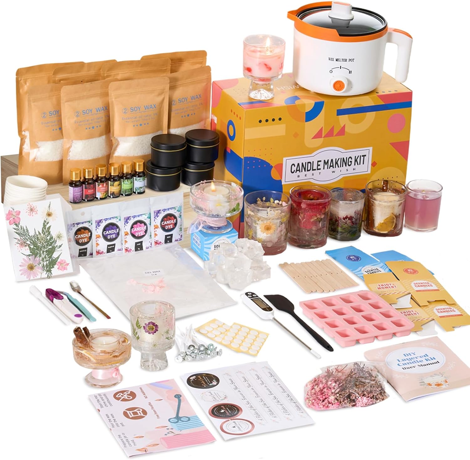 Candle Making Fragrances - 2-in-1大豆＆ゼリーワックスDIYキャンドル作成キット（初心者＆大人向け） | 完全なキャンドル作りキット、デュアル設定ワックスメルター、カスタムフレグランス＆カラー、家庭での趣味やホリデーギフトに最適