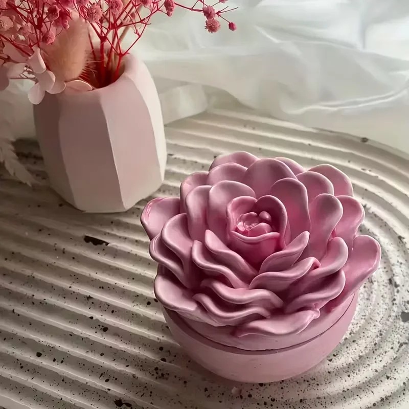 Candle Making Jars With Lids - 高品質3Dローズフラワーキャンドルジャー用シリコンモールド（蓋付き）牡丹ジュエリー収納ボックスクラフト作り石膏樹脂キャスティングモールド
