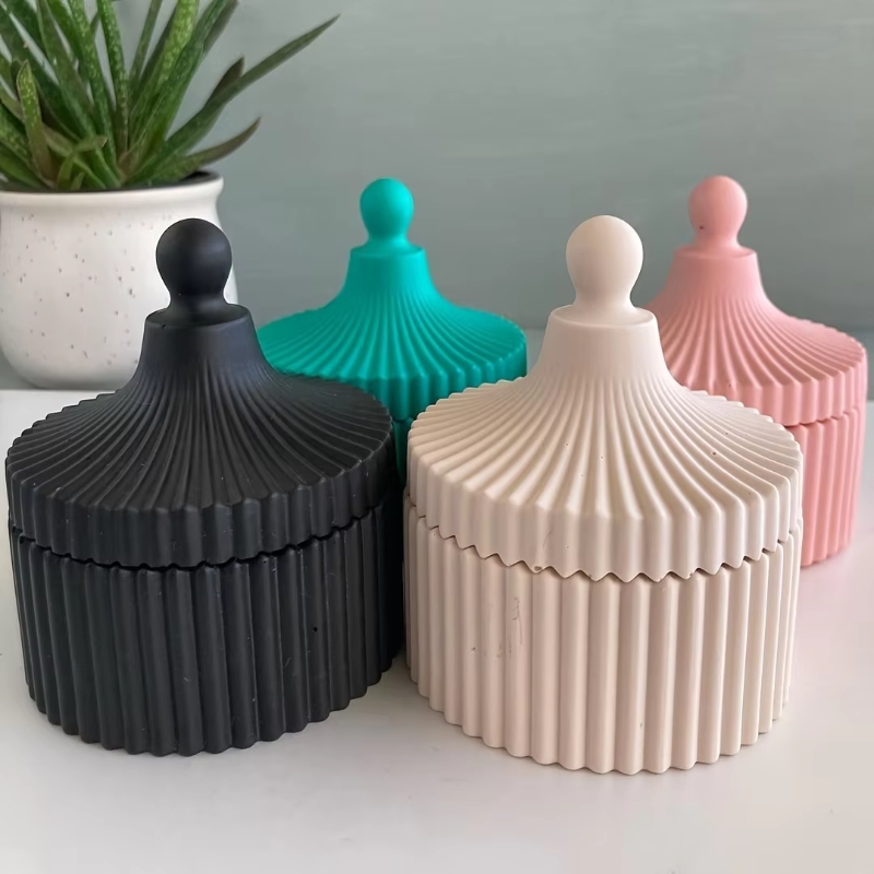 Candle Making Jars With Lids - 1セットのシリコンキャンドルジャー型、蓋付き、丸いストライプ模様、ジュエリーボックス収納、コンクリート石膏型作成用