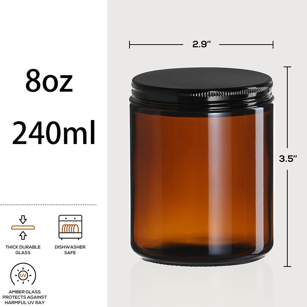 8オンスの琥珀色ガラス瓶（黒蓋付き）- キャンドル作り、食品 - Candle Making Jars With Lids のレビューと価格
