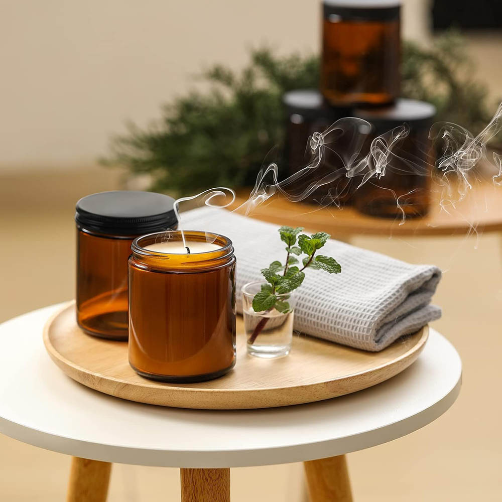 8オンスの琥珀色ガラス瓶（黒蓋付き）- キャンドル作り、食品 - Candle Making Jars With Lids のレビューと価格