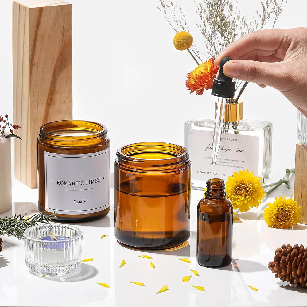 8オンスの琥珀色ガラス瓶（黒蓋付き）- キャンドル作り、食品 - Candle Making Jars With Lids のレビューと価格